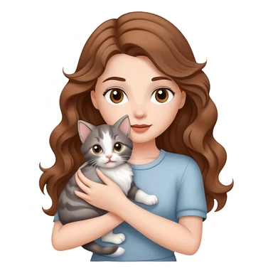 A beautiful  white girl with big brown waves and  a gray kitten sticker