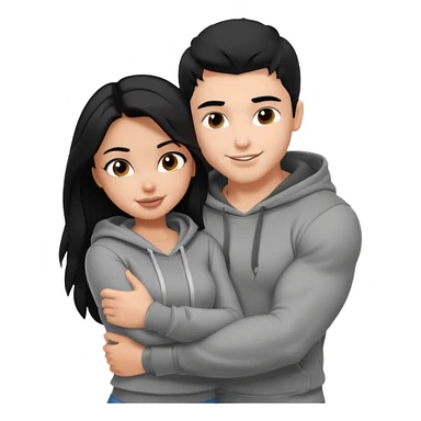 a pretty bratz boy with black hair and a grey hoodie, big biceps, hugging a girl with dark brown hair sticker