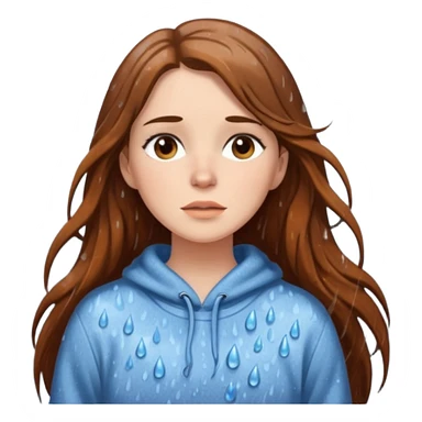 white woman with long brown hair and brown eyes, wearing a cozy sweater, standing in the rain sticker