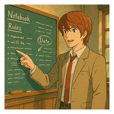Light Yagami pointing at a chalkboard with notes, mid-explanation, classroom setting, whimsical Ghibli atmosphere sticker