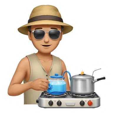 A man camper boiling water on a portable stove, enjoying the outdoor breeze.
 sticker