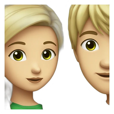 a blond boy with brown-green eyes kisses a brunette girl with long straight hair and bright green eyes on the cheek sticker