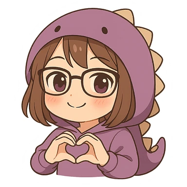 Chibi anime style gamer girl with glasses, brown hair, dark purple eyes, wearing a purple dinosaur costume, making a heart with her hands, blushing expression, no controller, no background, same style as reference. sticker
