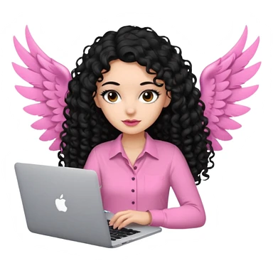 a girl typing mac book air with long black curly hair and brown eyes with winged black eyeliner, pink shirt sticker