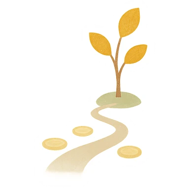 gentle, artistic, minimalist avatar with warm soft colors beige, light brown, green, pale yellow, abstract journey of growing wealth with small tree with golden leaves, path with subtle coin motifs, no text, square format sticker