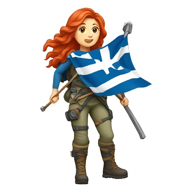 a red hair female mountaineer summitting with greek flag sticker