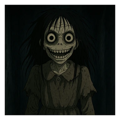 Make the creepy girl much scarier with more disturbing features and intensify the horror atmosphere in Ghibli style. sticker