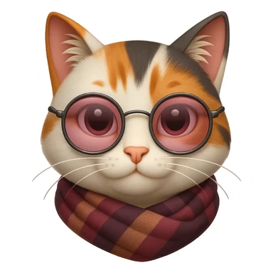 Apple Emoji-style cat head with a fur pattern that can vary in color, optional tinted glasses, a scarf with varying stylistic accessories (color and design can differ), and large eyes that can vary in color. Maintain the same proportions and smooth, rounded style. The emoji should only feature the cat's head with no additional body parts, and focus on cats with any accessories. sticker
