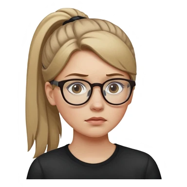 White girl with dark blonde hair in a ponytail and glasses sad sticker