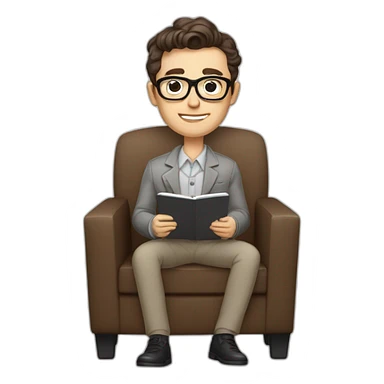 Pale skinned Fit Man With dark brown hair in gray jacket, beige office shirt, Brown pants and vintage glasses sitting In a soft chair with a notebook with emblem Ψ and a pen in his hands sticker