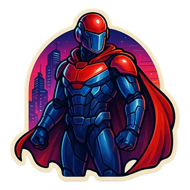 Scarlet Duke from the future, retro sticker style, advanced tech suit, red cape, neon city background, sticker style sticker