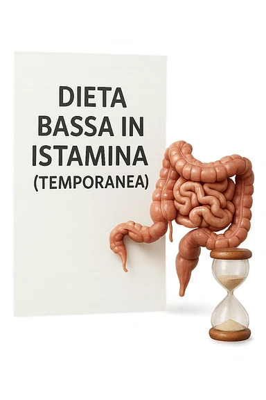 foglio di carta di una dieta con la scritta "DIETA BASSA IN ISTAMINA (TEMPORANEA), E ACCANTO CI METTI UN INTESTINO IN MINIATURA E UNA CLESSIDRA, iperrealistico 4k sticker