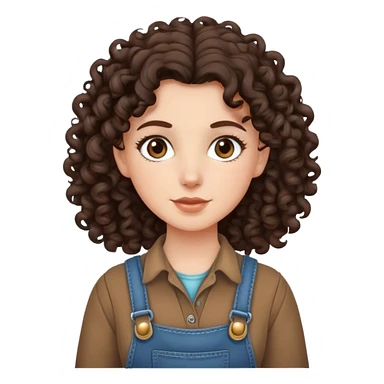 white girl with very curly dark brown hair, brown eyes, wearing farm clothes sticker