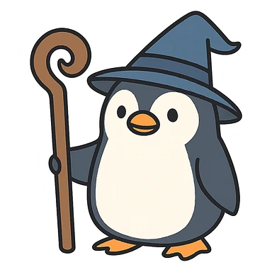 flat toon style wizard penguin with a staff sticker