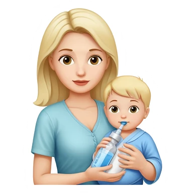Mother holding a baby bottle with milk and a vaccine syringe sticker