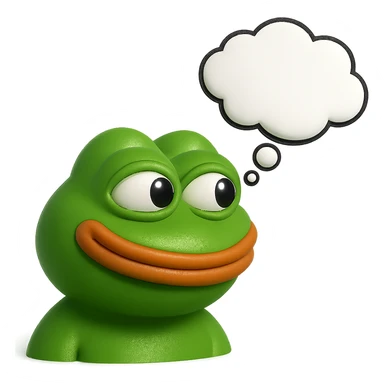 make a pepe in bright green smiling with thought bubble looking at right side in 3d style, good highlights and shadows, drop shadows sticker