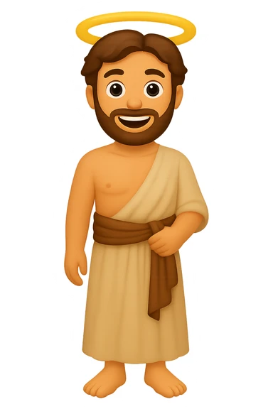 Create a centered full body image of apostle Peter in classic emoji style with lighter colors. He is shirtless, wearing plain robes, has an expressive face, smiling, with a halo, and no background. The style should reflect classic emoji aesthetics. sticker