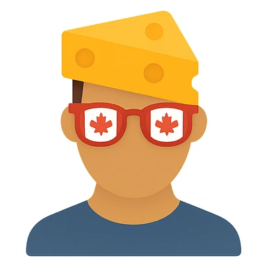 Add color to the icon: yellow cheese block, red and white Canada flag glasses, natural skin tone, simple colored shirt, keep background transparent. sticker