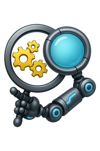 Add a robotic arm holding the magnifying glass, keep metallic textures and glowing blue accents, in emoji style with no background. The style should resemble apple style emojis with a clean and polished look, focusing on metallic and glowing blue details. sticker