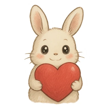 white bunny holding a big heart with sparkling eyes, soft ghibli style sticker