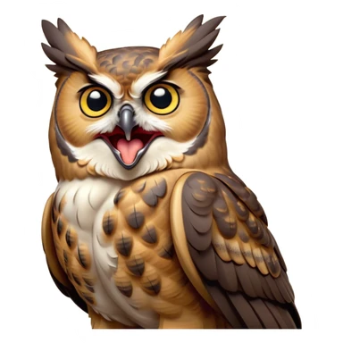 Cinematic Cute Yawning Great Horned Owl Portrait Emoji, Head tilted slightly with a dramatic, wide-open yawn, showcasing a soft, downy mottled plumage with gently drooping feathers, round golden eyes barely open in drowsy contentment, Simplified yet irresistibly adorable features, highly detailed, glowing with a soft, cozy glow, high shine, relaxed yet expressive, stylized with a touch of nocturnal whimsy, bright and endearing, soft glowing outline, capturing the essence of a sleepy yet affectionate owl, so drowsy it feels like it could glide out of the screen and curl up for a nap! sticker