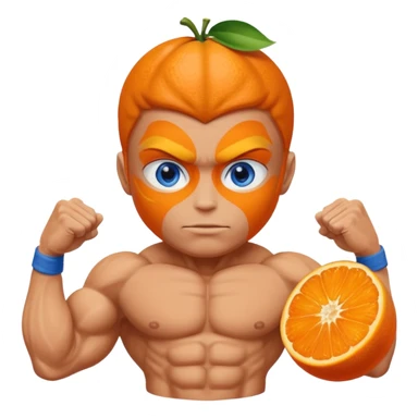A body builder with a orange 🍊 fruit head and blue eyes sticker