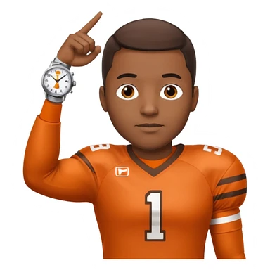 Black man in a brown and orange football jersey holding up his left arm with a watch on, pointing at the watch with his right hand sticker