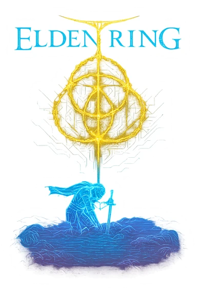 Create a cyberpunk, holographic version of the Elden Ring logo scene. Show the glowing Elden Ring symbol in the sky, with the Tarnished crouched down holding a sword beneath it. Use glowing neon blue, gold, and pink edges, with circuit patterns and a transparent background. The style should be futuristic, clean, and consistent with previous cyberpunk icons, capturing the epic, moody atmosphere of the original image. Do not include the words 'Elden Ring'. sticker