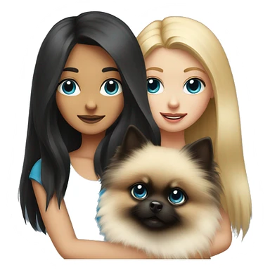 A blonde girl with blue eyes holds a black pomeranian in her hands sticker