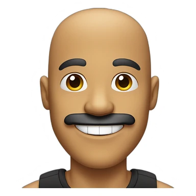 Bald man with very big black mustache and tan skin and a super big smile and smiley eyes and a black t-shirt sticker