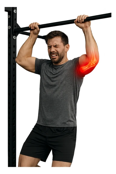 a man in gym attire is performing a pull-up on a bar when his face suddenly contorts in pain. His elbow is highlighted with a bright red glow, and a semi-transparent overlay reveals a visible tear or injury in the joint structures (such as ligaments or tendons). The background is a modern gym, with anatomical posters and equipment. sticker