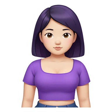 a girl that is asian, chubby, has black waist length hair, and cool tone skin with purple square neck shirt. make it torso length  sticker