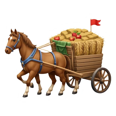 isometric horses pulling a cart with hay, apple emoji style sticker