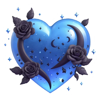 3D emoji gothic heart, midnight blue glass, silver crescent moon, tiny black roses, shimmering stardust, lightning bolt effect, rain-soaked look, cracked glass texture sticker
