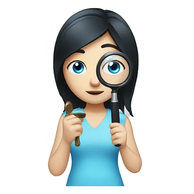 white girl with black hair and blue eyes playing with magnifying glass sticker