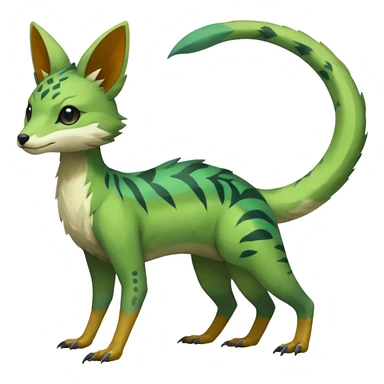  Japanese oriental asian painted Greenish beautiful handsome gorgeous aesthetic colorful vibrant Vernid-Trico-species-Fakemon-creature by LiLaiRa, 4 legs, 1 tail, random markings, (full body) sticker