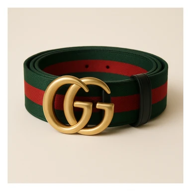 Change the belt band to green, black, and red stripes, keep the gold GG buckle and luxury look, maintaining a high-end fashion style. sticker
