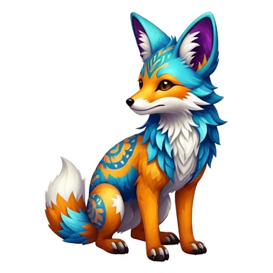 Epic Feral Rare Fantasy shiny cool fluffy Vernid-Trico-Fox-species-hybrid-animal by LiLaiRa, tribal-Art-tattoo-patterns , tufted ears, full body sticker