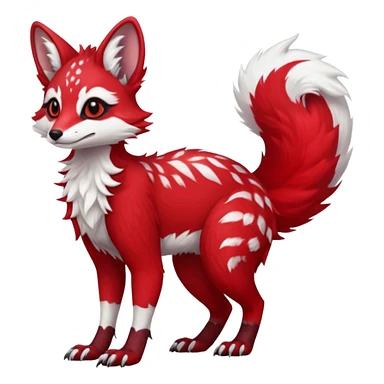 Feral Rare Fantasy   bright cherry-red fur with clean snow-white chest and muzzle Vernid-Sergal-Genet-Trico-species by LiLaiRa, random markings, tufted tail, tufted ears, full body sticker