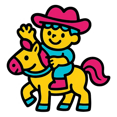 bright and cheerful icon of a child riding a horse, flat color style, minimal but expressive sticker