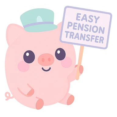 A piggy bank with a happy face, wearing a banker's hat, holding a sign that says 'Easy Pension Transfer', in a friendly and inviting cartoon style. sticker