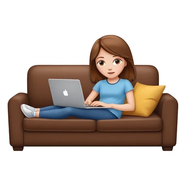 A white girl is lying on a sofa with a laptop sticker