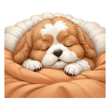 Cinematic Chubby Sleeping Cavoodle Portrait Emoji, Chubby and serene, with a round, cuddly build and a soft, curly apricot coat with subtle white patches, eyes gently closed in peaceful slumber, Simplified yet irresistibly endearing features, highly detailed, glowing with a gentle, dreamy glow, high shine, relaxed and content, stylized with a touch of whimsy, bright and heartwarming, soft glowing outline, capturing the essence of a blissfully sleepy companion, so comically serene it feels like it could roll out of the screen and snore with adorable charm! sticker