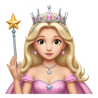 glinda the good witch from wicked movie (ariana grande) blonde hair, beautiful, big silver thin tiara, star wand, pink gown sticker
