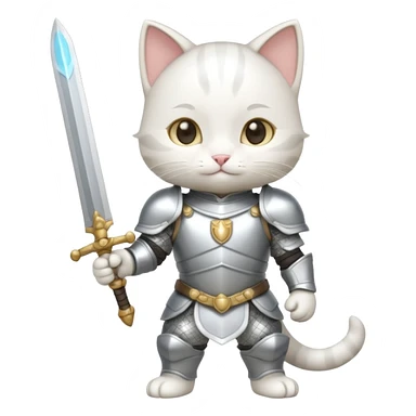 baby chibi white cat in silver armor, full body, smile, hold a sword sticker