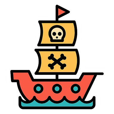 pirate ship, color outline icon, playful colors, black outlines, modern icon style sticker