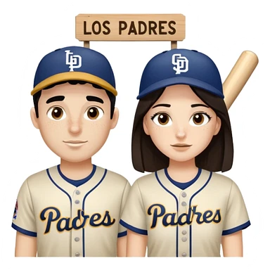 Couple in a game with brunette hair but white skin. They are girlfriend and boyfriend. Not sibling. Girl has medium cheeks and freckles on the nose. The boy has black hair and prominent eyebrows with egipcian nose. Both are wearing “Los Padres” baseball jerseys and with a sign that says “Go Padres” sticker