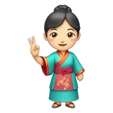Chinese middle aged lady wear Chinese traditional dress  with a sign of agreeable and peace gesture sticker