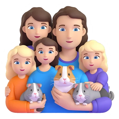 Family portrait with father with dark brown hair and blue eyes, mother with light brown hair and blue eyes, three blonde little girls with blue eyes, plus a grey cat and two guinea pigs sticker