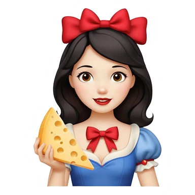 Happy Disney Snow White with red bow in hair and holding triangle wedge of cheese sticker